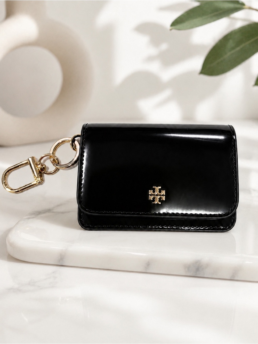 Tory Burch Emerson Black Patent Key Pouch with Gold Hardware